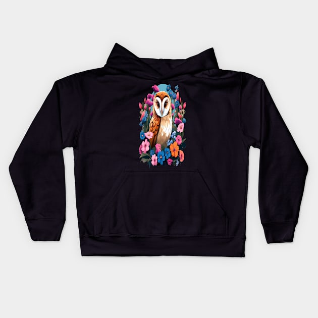 Cute European Barn Owl Surrounded by Bold Vibrant Spring Flowers Kids Hoodie by BirdsnStuff